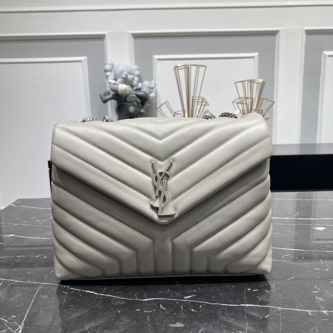 Saint Laurent Loulou Quilted Calfskin Shoulder Bag Handbag Light Grey 457749 Silver